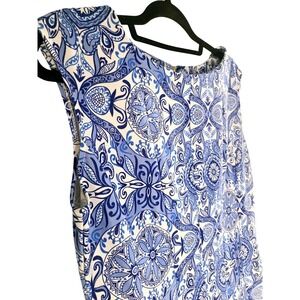 Zarr Collection‎ Women Blue White Damask Paisley Medallion Fit Flare Dress 14
